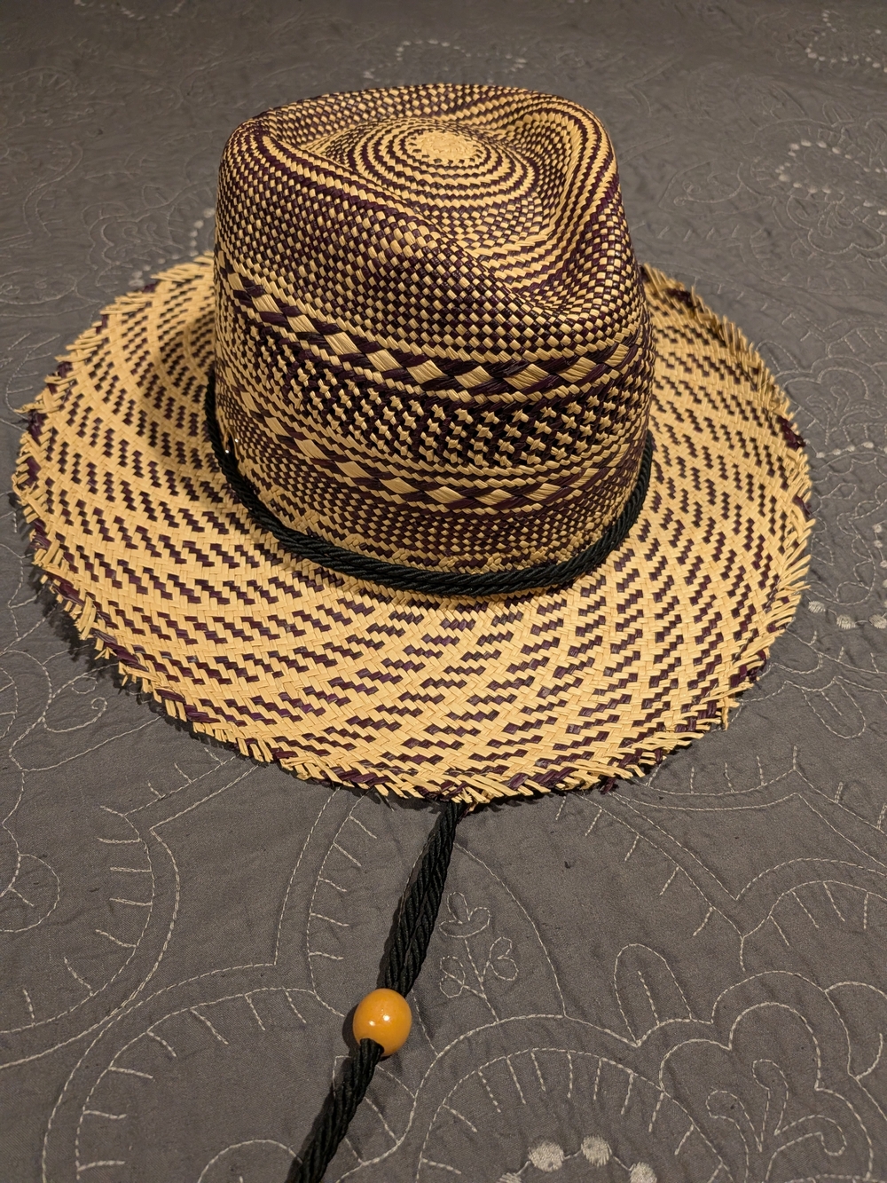 Straw Fedora Hat with Brown Pattern and Chin Cord